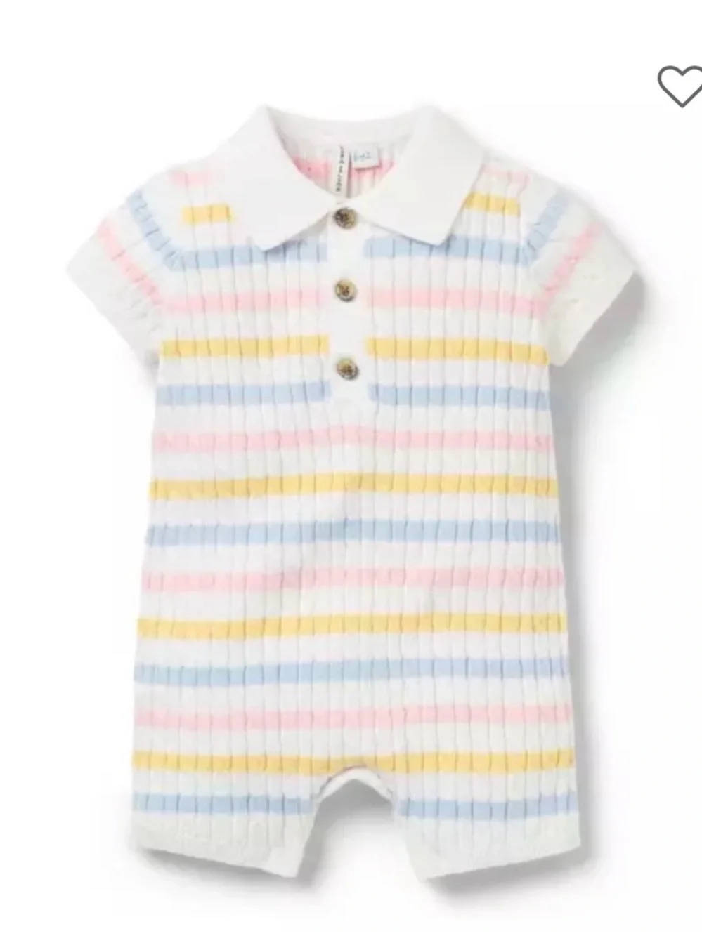 Janie and Jack White Knit Romper with Pastel Pink, Blue & Yellow Stripes